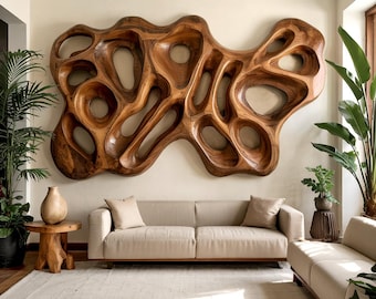 Modern Organic Wood Wall Sculpture for Living Room Feature Wall and Artistic Interior Accent