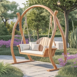 Curved Frame Garden Swing Bench for Outdoor Relaxation Patio or Backyard with Rope Hanging Design and Cozy Cushioned Wooden Seating