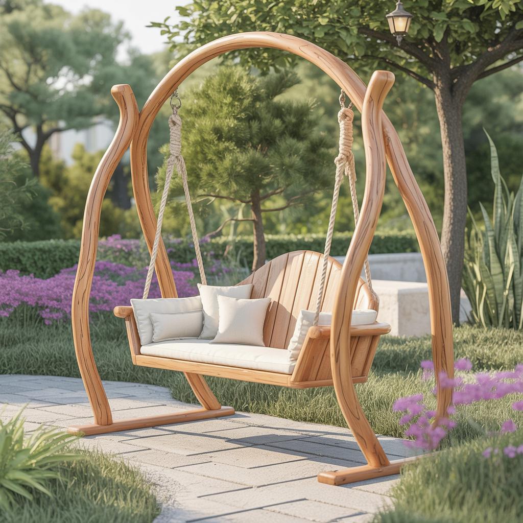 Curved Frame Garden Swing Bench for Outdoor Relaxation Patio or Backyard with Rope Hanging Design and Cozy Cushioned Wooden Seating