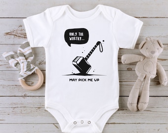 Only The Worthy May Pick Me Up Baby Onesie Thor s Hammer Mj lnir Baby Short Sleeve One Piece Avengers Baby body