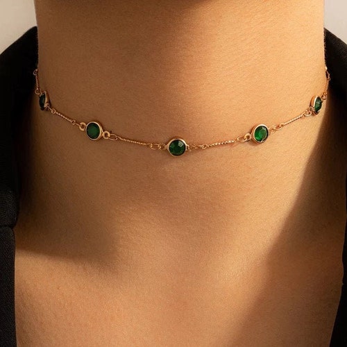 Rhinestone Choker Necklace Green Gemstones Gold Silver Colour Etsy UK