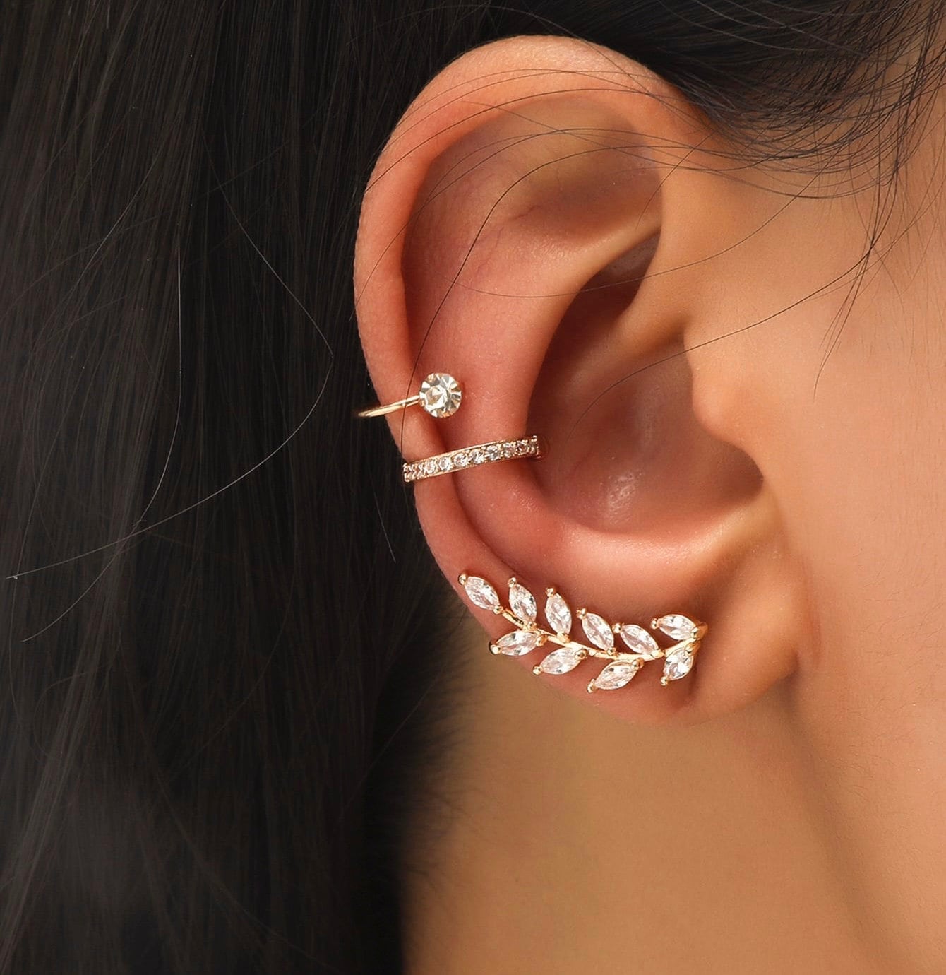 3pcs Set Leaf EAR CUFF Earrings Crystal Cartilage Ear Ring Fake Clip On Cuff