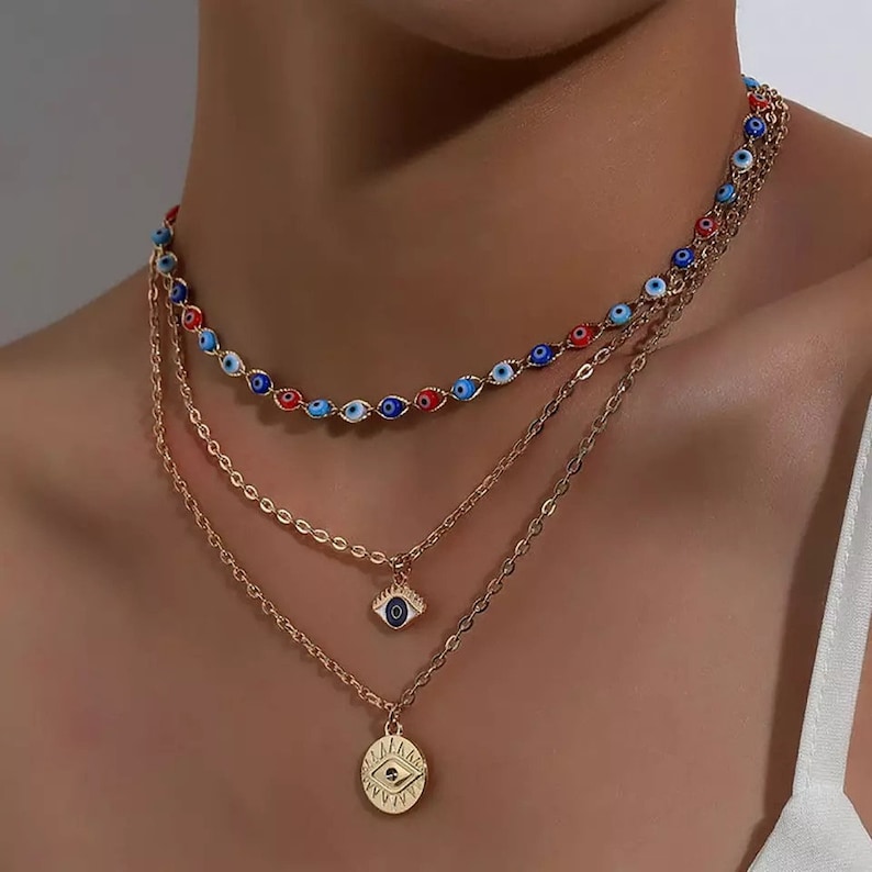 Evil Eye Lucky Turkish Pendant Beads Multi-layer Necklace Chain Choker 