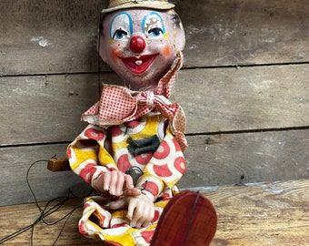 Marionnette de clown vintage (italienne ?) avec tête en biscuit