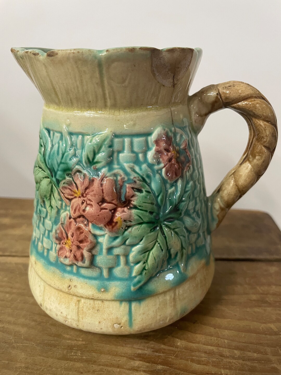 Majolica Syrup Rope Handle Pitcher Etsy