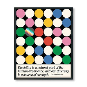 Disability diversity poster in a black frame. It has colored dots and the disability pride flag and a quote by Barbara Jordan. The quote reads: Disability is a natural part of the human experience, and our diversity is a source of strength.