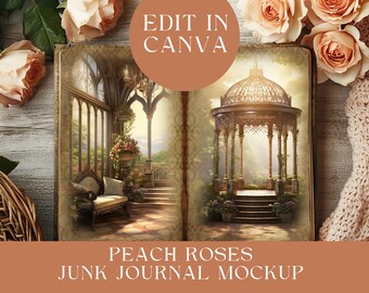 May include: An open book featuring illustrations of a sunlit conservatory with a sofa and a garden gazebo. The text EDIT IN CANVA, PEACH ROSES JUNK JOURNAL MOCKUP, and FITS 11"X8.5" PAGE SIZE - 300 DPI are visible. Peach roses surround the open book.