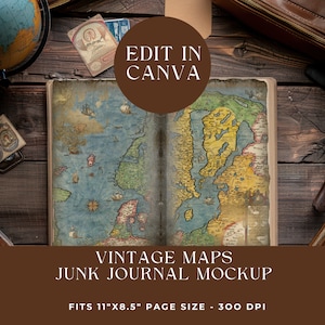 Maqueta de diario basura Canva, Maqueta de arrastrar y soltar, Viajes vintage, Mapas, Viejo Mundo, Cartógrafo, Plantilla de marco de Canva, Maqueta de papel digital