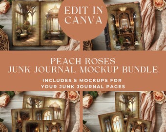 May include: A digital mockup bundle featuring peach roses and five distinct junk journal page designs. The text reads EDIT IN CANVA, PEACH ROSES JUNK JOURNAL MOCKUP BUNDLE, and INCLUDES 5 MOCKUPS FOR YOUR JUNK JOURNAL PAGES on a peach background.