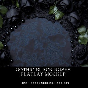 Black Roses Flatlay Background, Goth Flat Lay, Gothic Mockup Image, Product Background, Digital Download, Vintage Background, JPG