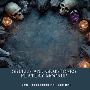Gothic Flatlay Background, Witchy Flat Lay, Goth Mockup Image, Product Background, Digital Download, Skull Background, Gemstones, JPG