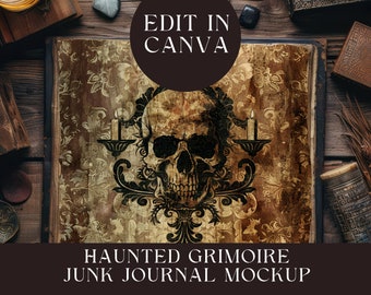 May include: A digital mockup of a junk journal page featuring a central human skull illustration flanked by two lit candles, set against a brown floral damask background. The text reads EDIT IN CANVA and HAUNTED GRIMOIRE JUNK JOURNAL MOCKUP FITS 11"X8.5" PAGE SIZE - 300 DPI.