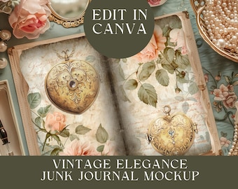 May include: An open junk journal mockup featuring floral rose illustrations and two ornate heart-shaped lockets on the pages. The layout includes text reading EDIT IN CANVA, VINTAGE ELEGANCE JUNK JOURNAL MOCKUP, and FITS 11"X8.5" PAGE SIZE - 300 DPI.