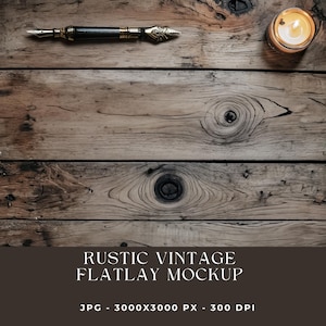 May include: A rustic flatlay mockup with a vintage fountain pen, a lit candle in a glass jar, and weathered wooden planks. The image includes the text "RUSTIC VINTAGE FLATLAY MOCKUP" at the bottom. The pen has gold detailing.