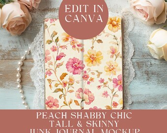 May include: A tall and skinny junk journal mockup featuring a cream-colored cover with a watercolor floral pattern in shades of pink, yellow, and orange. The text EDIT IN CANVA is visible in a circle, with additional text below describing the journal.