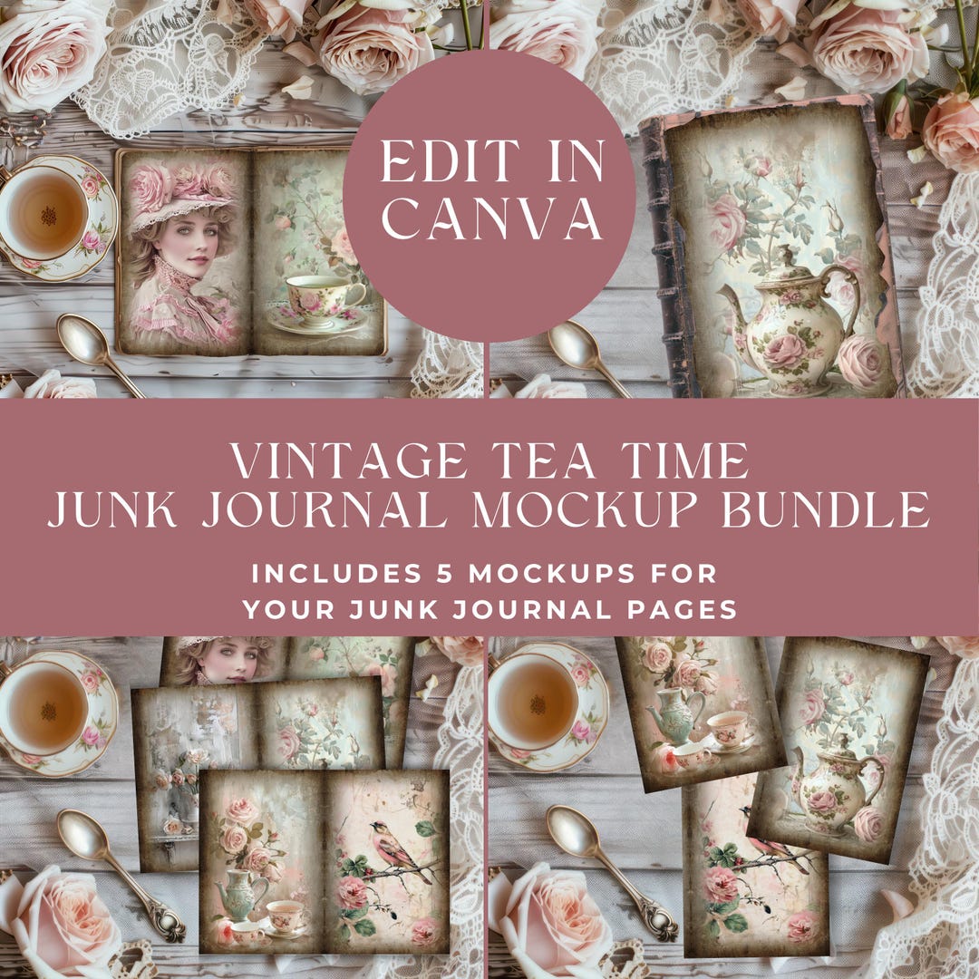 Shabby Chic Junk Journal Mockup Bundle: Pink Roses Canva Drag & Drop ...