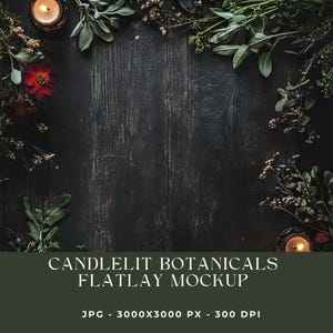 Botanicals Flatlay Background, Witchy Flat Lay, Goth Mockup Image, Herbal Product Background, Digital Download, Candles Background, JPG