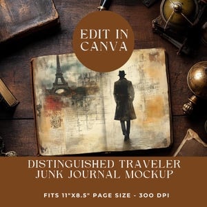 Maqueta de diario de viaje vintage de Canva, maqueta de arrastrar y soltar, distinguida, masculina, mapas, plantilla de marco de Canva, maqueta de papel digital