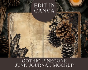May include: A junk journal mockup featuring a vintage-style page with a distressed beige texture, decorated with black lace patterns and brown pinecones. The image includes the text EDIT IN CANVA, GOTHIC PINECONE JUNK JOURNAL MOCKUP, and FITS 11"X8.5" PAGE SIZE - 300 DPI.
