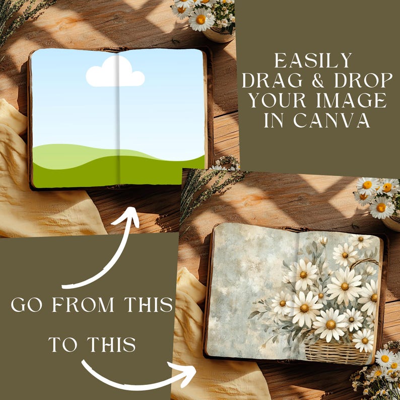 Daisies Junk Journal Mockup Canva, Drag and Drop Mockup, Spring