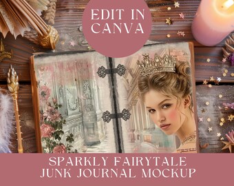 May include: A junk journal mockup featuring an open book with a digital illustration of a person wearing a crown on the right page and floral architectural imagery on the left. The text reads EDIT IN CANVA and SPARKLY FAIRYTALE JUNK JOURNAL MOCKUP FITS 11"X8.5" PAGE SIZE - 300 DPI.