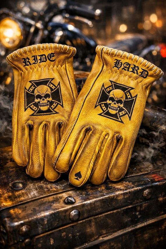 YELLOW GLOVE 本革スカルグローブ　Lサイズ Svarog England Leather Biker Gloves: Skull & Cross - Etsy