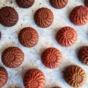 May include: An overhead shot displays several round, chocolate-colored treats with a floral design. The treats vary in shade from dark brown to light brown, arranged on a speckled, light gray surface. The detailed floral pattern is visible on each treat.
