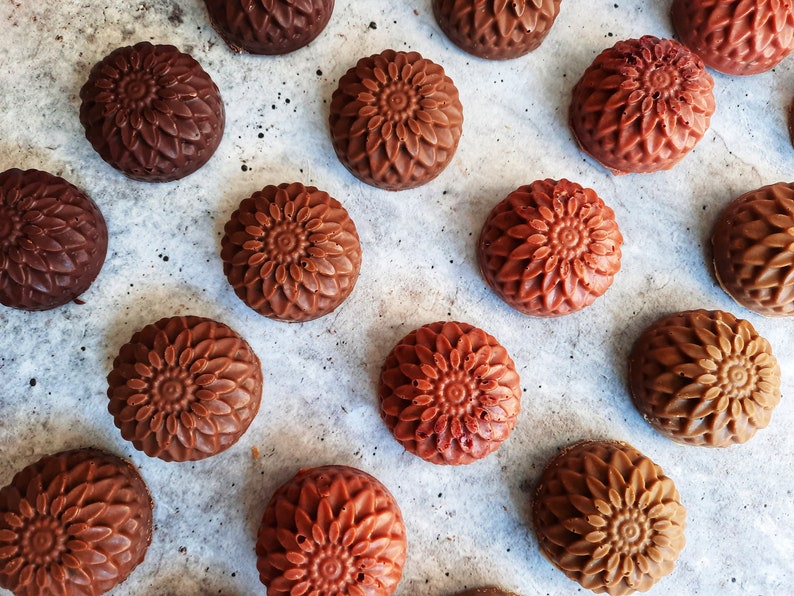 May include: An overhead shot displays several round, chocolate-colored treats with a floral design. The treats vary in shade from dark brown to light brown, arranged on a speckled, light gray surface. The detailed floral pattern is visible on each treat.