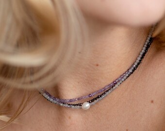 Black Spinel Beaded Necklace: 2mm Micro Faceted Gemstone Jewelry