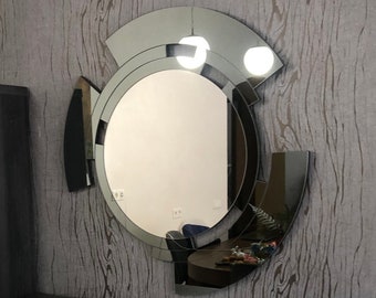 Asymmetrischer Statement Wandspiegel: Handgefertigter Akzent aus Graphit & Silber