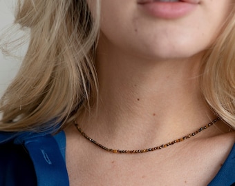 Tigers eye choker necklace-Tiny Tiger's Eye Faceted Beaded Choker, Summer Choker,minimalist crystal healing natural stone