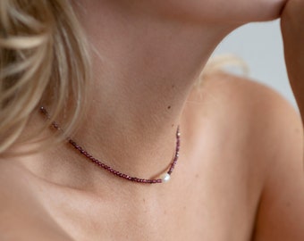 Red Garnet Beaded Choker with Pearl, Minimalist Necklace