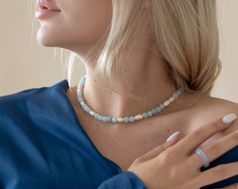 Round Aquamarine Beads Necklace Choker with Pearls/Aquamarine beaded necklace and pearls/Dainty necklace/Freshwater Pearl and Aquamarine