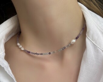 Gargantilla elegante de fluorita - Collar de cristal natural - Fluorita arcoíris natural - Gargantilla de fluorita facetada