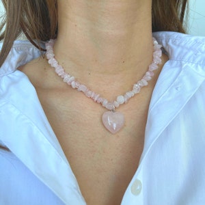 Rose quartz necklace with heart pendant/Raw Rose Quartz Crystal Necklace/Rose Quartz Beaded Necklace/Natural Rose Quartz Necklace/Choker image 8