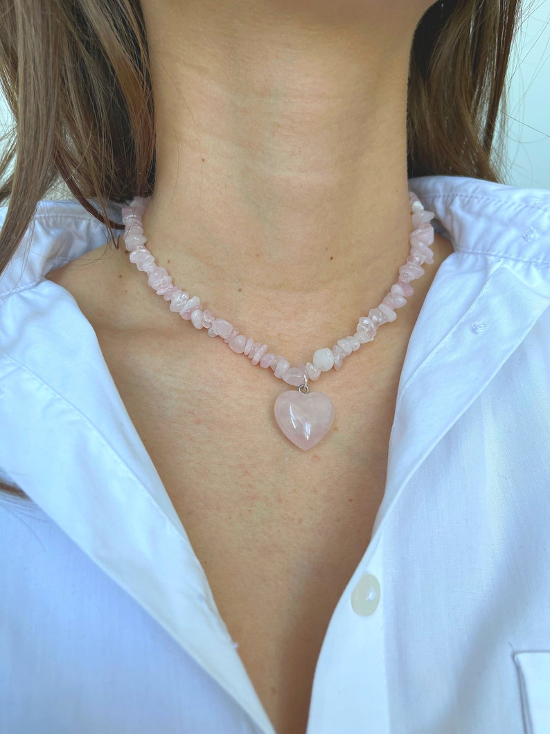 Rose quartz necklace with heart pendant/Raw Rose Quartz Crystal Necklace/Rose Quartz Beaded Necklace/Natural Rose Quartz Necklace/Choker image 8