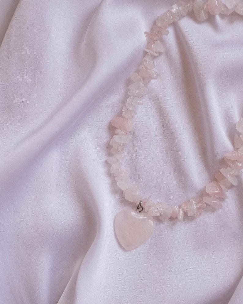 Rose quartz necklace with heart pendant/Raw Rose Quartz Crystal Necklace/Rose Quartz Beaded Necklace/Natural Rose Quartz Necklace/Choker image 5
