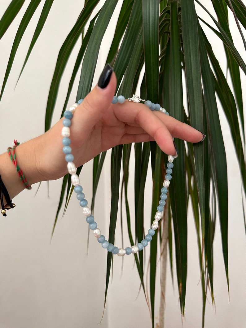 Round Aquamarine Beads Necklace Choker with Pearls/Aquamarine beaded necklace and pearls/Dainty necklace/Freshwater Pearl and Aquamarine image 5