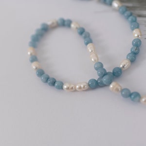 Round Aquamarine Beads Necklace Choker with Pearls/Aquamarine beaded necklace and pearls/Dainty necklace/Freshwater Pearl and Aquamarine image 2