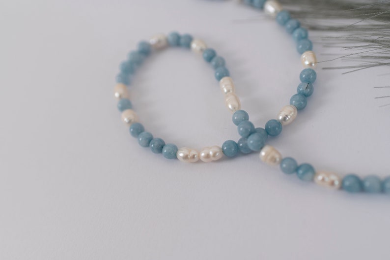 Round Aquamarine Beads Necklace Choker with Pearls/Aquamarine beaded necklace and pearls/Dainty necklace/Freshwater Pearl and Aquamarine image 2