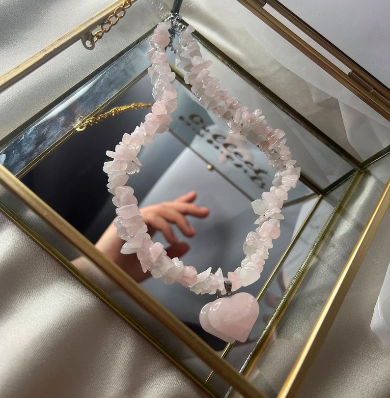 Rose quartz necklace with heart pendant/Raw Rose Quartz Crystal Necklace/Rose Quartz Beaded Necklace/Natural Rose Quartz Necklace/Choker image 9