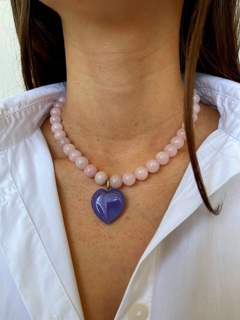 Rose Quartz Gemstone Beads Necklace Natural Crystal Pendant for Self-Love-Heart-Shaped Rose Quartz Necklace image 2