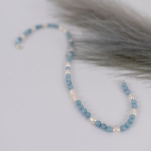 Round Aquamarine Beads Necklace Choker with Pearls/Aquamarine beaded necklace and pearls/Dainty necklace/Freshwater Pearl and Aquamarine image 9