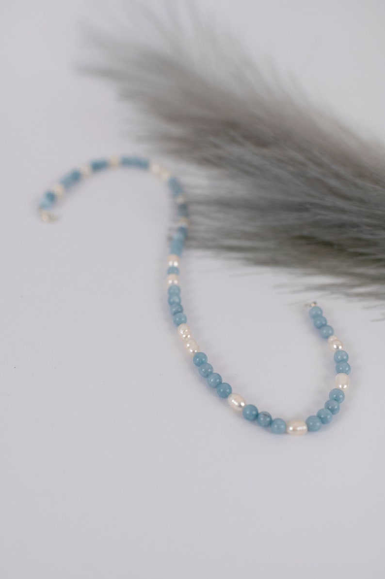 Round Aquamarine Beads Necklace Choker with Pearls/Aquamarine beaded necklace and pearls/Dainty necklace/Freshwater Pearl and Aquamarine image 9