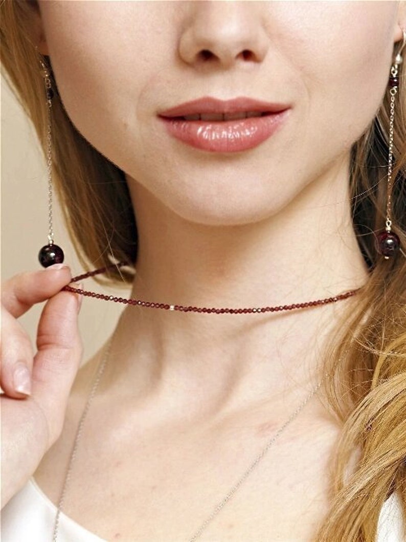 Red garnet choker necklace/Healing natural stone/ Minimalist crystal /Natural Red Garnet Beaded Necklace/Pretty Red Beads Women' Necklace image 4