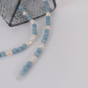 Round Aquamarine Beads Necklace Choker with Pearls/Aquamarine beaded necklace and pearls/Dainty necklace/Freshwater Pearl and Aquamarine image 7