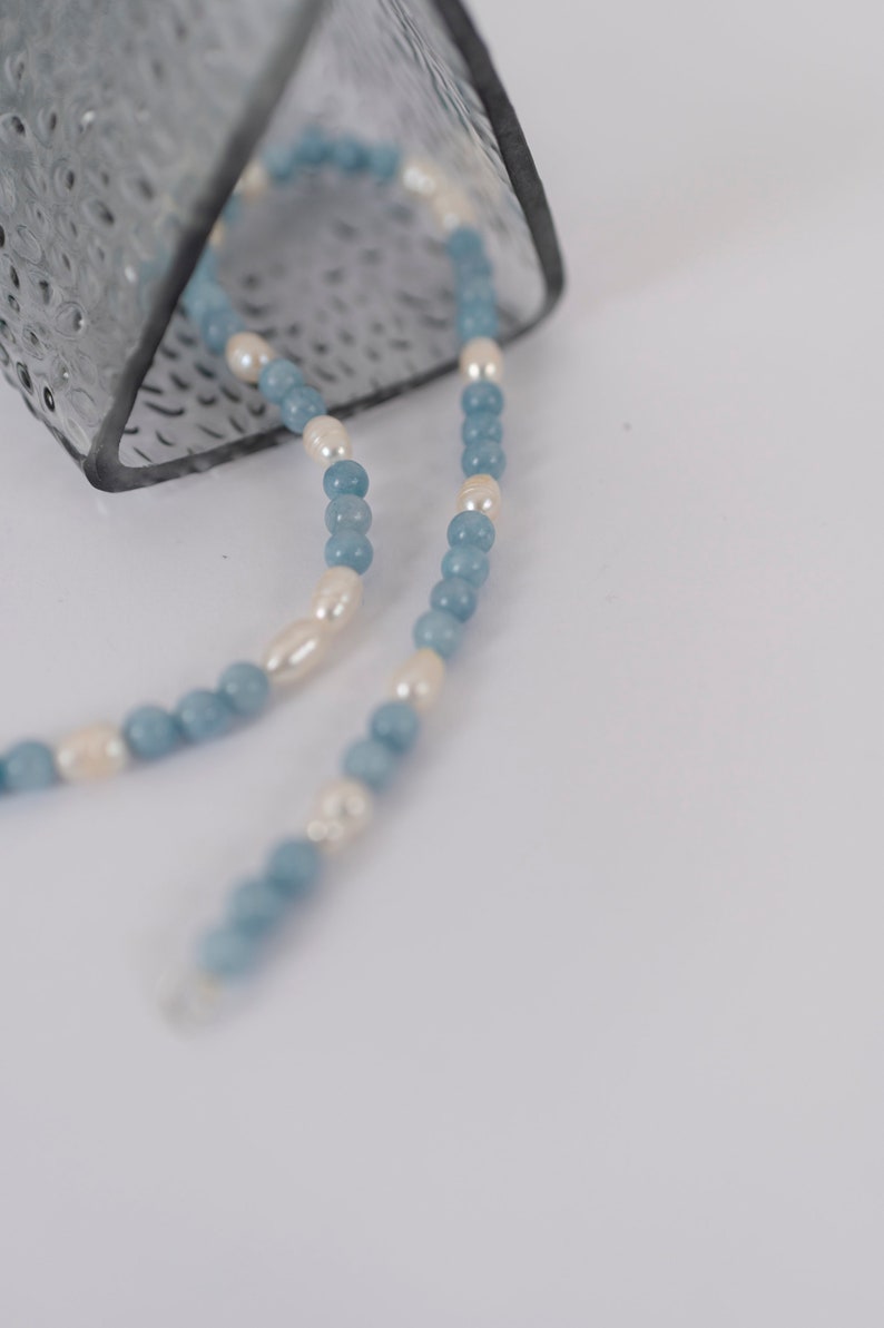 Round Aquamarine Beads Necklace Choker with Pearls/Aquamarine beaded necklace and pearls/Dainty necklace/Freshwater Pearl and Aquamarine image 7