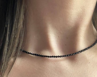Natural Black Spinel Beaded Necklace, 2mm Black Spinel Micro Faceted Round Beads Necklace, Sparkling Black Bead Necklace Minimalist Jewelry