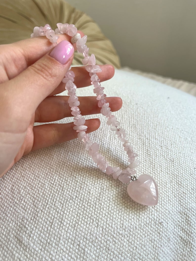 Rose quartz necklace with heart pendant/Raw Rose Quartz Crystal Necklace/Rose Quartz Beaded Necklace/Natural Rose Quartz Necklace/Choker image 6