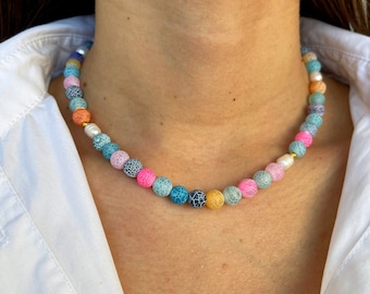 Crackled Agate Rainbow Necklace - Matte Gemstone Jewelry Statement Piece
